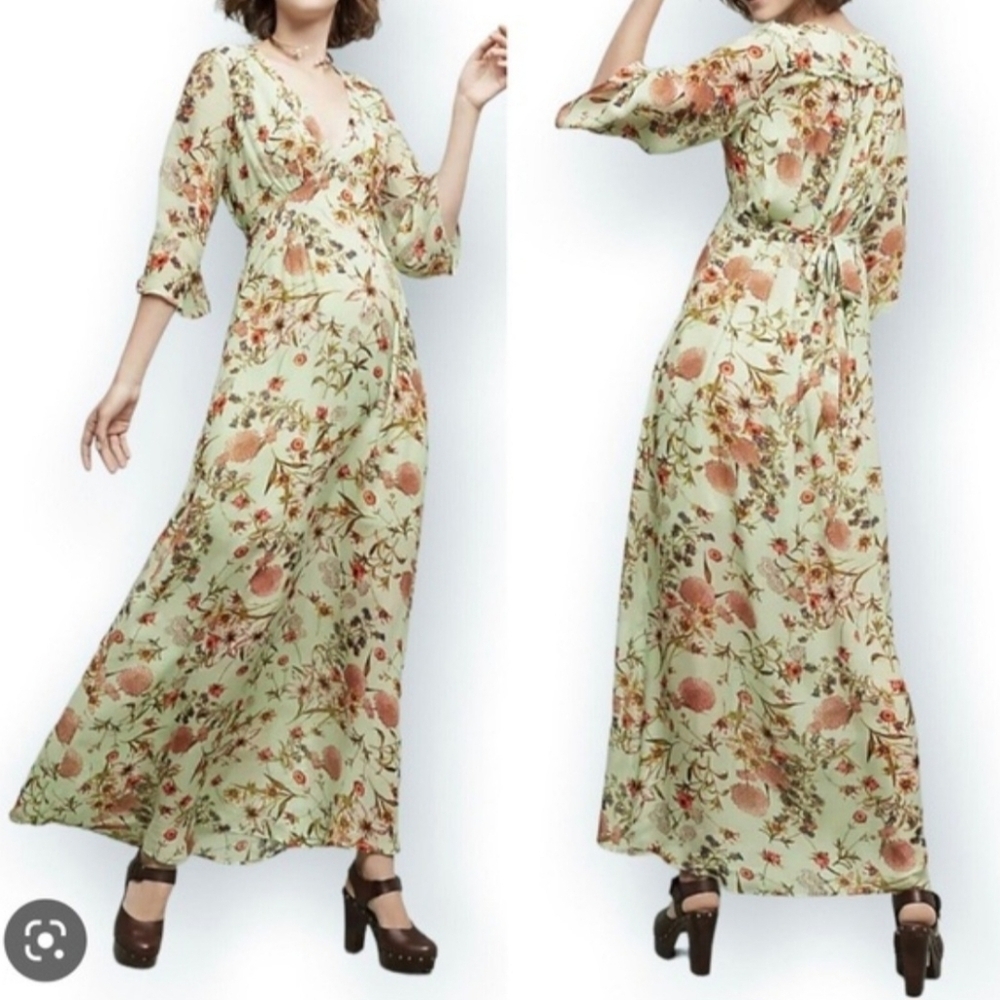 Ghost London Floral Maxi Dress Mint Green 100% Viscose Tie Waist Size‎ L